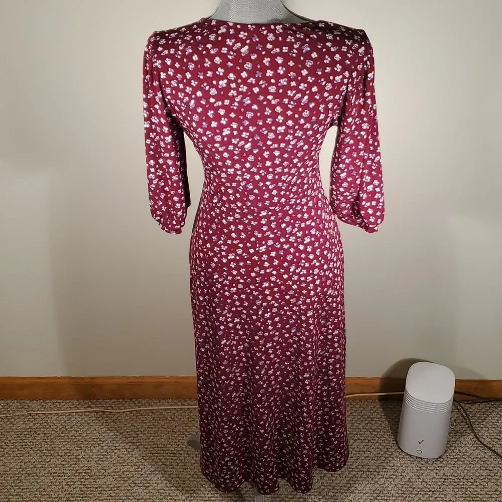 All In Favor Burgundy Floral Puff Sleeve Midi Dress Size M Medium - Picture 5 of 11